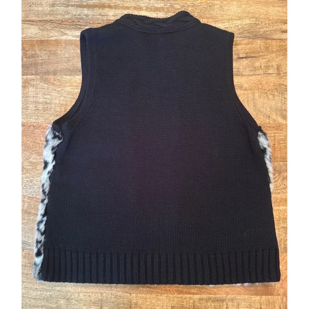 Chico's Faux Fur Vest Womens 2 Black Leopard‎ Print Excellent Knit Open Front